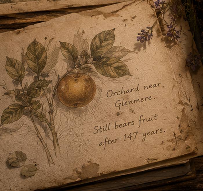A recovered notebook page: a botanical drawing of a fruiting branch with a single gilded apple, annotated in a careful hand — Orchard near Glenmere. Still bears fruit after 147 years.