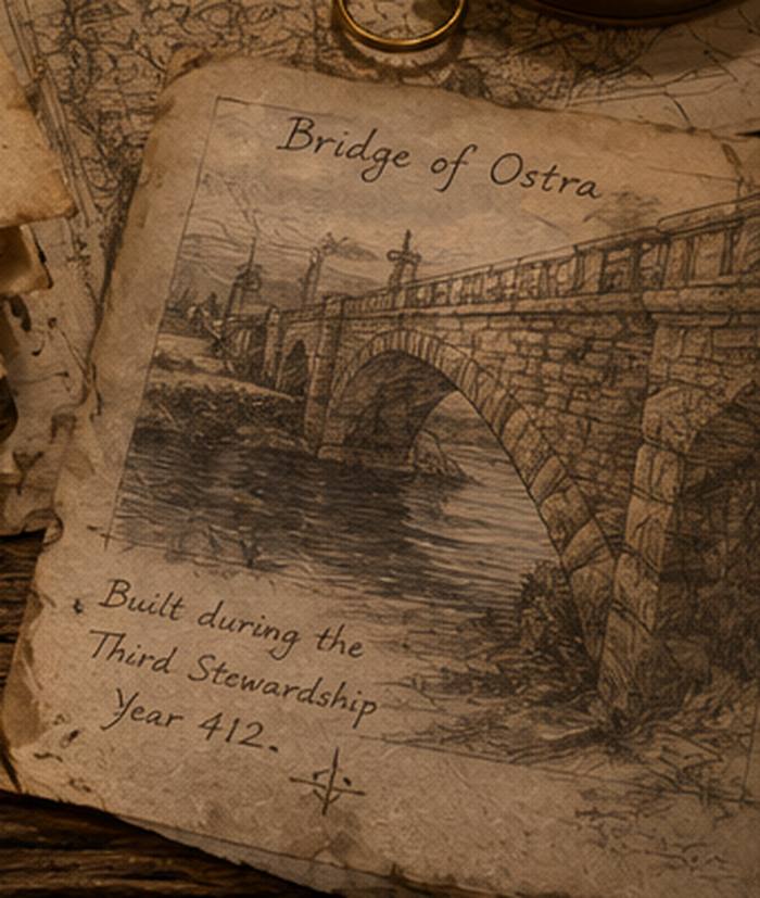 A recovered notebook page: a pencil study of a many-arched stone bridge over a river, annotated — Bridge of Ostra. Built during the Third Stewardship, Year 412.