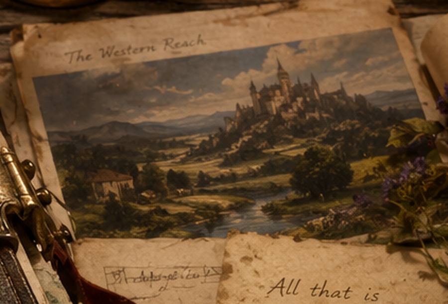 A loose plate from the Atlas, labelled The Western Reach: a painted view of a castle on a wooded hill above a river valley, with a survey map slipped beneath it.