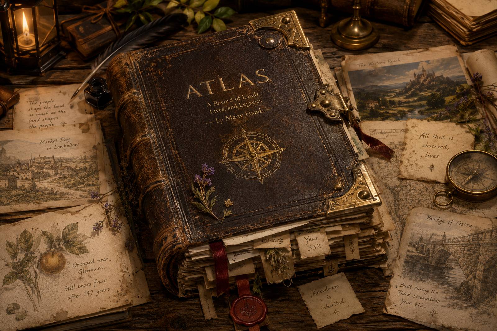 An oak reading table by candlelight. A thick leather volume lettered ATLAS — A Record of Lands, Lives, and Legacies, by Many Hands — lies closed at the centre, brass corners and clasp catching the light, ribbon markers and a red wax seal hanging from its pages. Around it: loose survey sheets, a botanical study, a painted view of a castle, pressed flowers, a compass, a quill and inkwell.