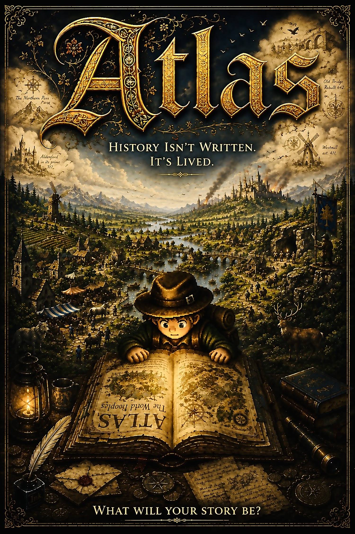 The Atlas key art: a valley seen from the western ridge — a ruined watchtower, a river crossed by an old stone bridge, villages and mills along its banks, a castle burning on the far hill, and in the foreground a child bent over an open book.