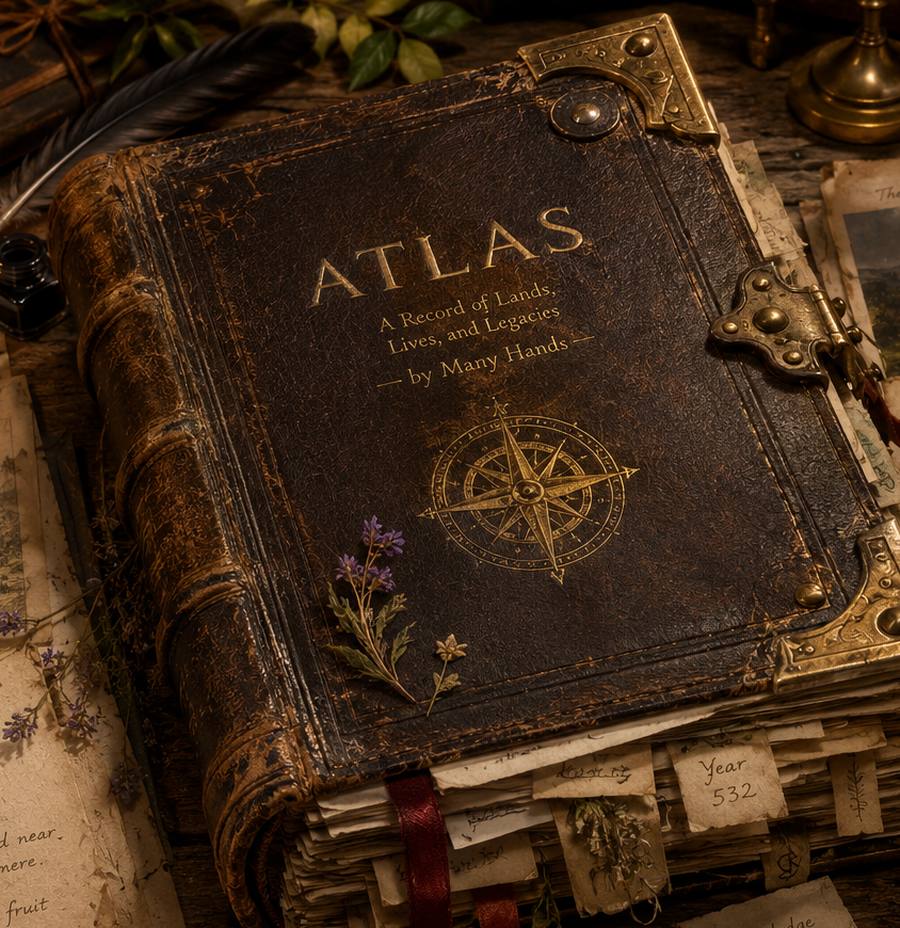 The Atlas closed: worn leather boards, brass corner protectors and clasp, a gilt compass rose tooled into the cover, sprigs of dried lavender resting on it, and ribbon markers and a wax seal hanging from the block of parchment pages.